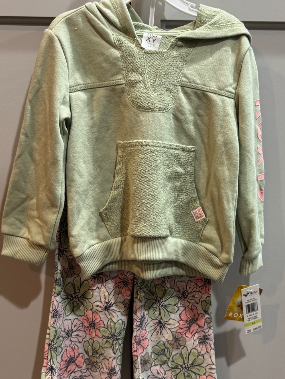 Roxy Green Hooded Pullover with Pink Logo Detail